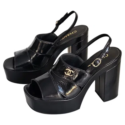 Pre-owned Chanel Runway Black Patent Platform Slingback Sandals Cc Heels Eu 40.5 Us 10.5