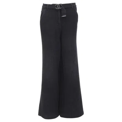 Pre-owned Chanel Runway Cotton Black Cc Chain Buckle Belt Wide Leg Bell Bottom Pants Fr38