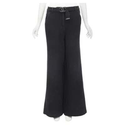 Pre-owned Chanel Runway Cotton Cc Chain Buckle Belt Wide Leg Bell Bottom Pants Fr38 M In Black