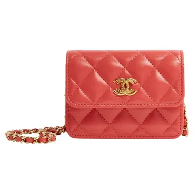 Pre-owned Chanel Sac Pochette Wallet On Chain Coral Pink Leather Golden Cc Mini Bag New In Red