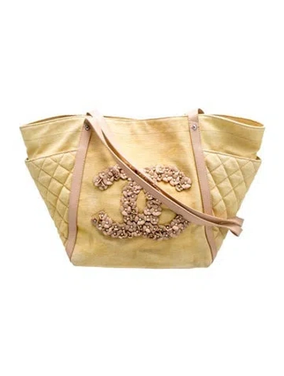 Pre-owned Chanel Saint-tropez Quilted Denim Cc Camellia Tote In Yellow
