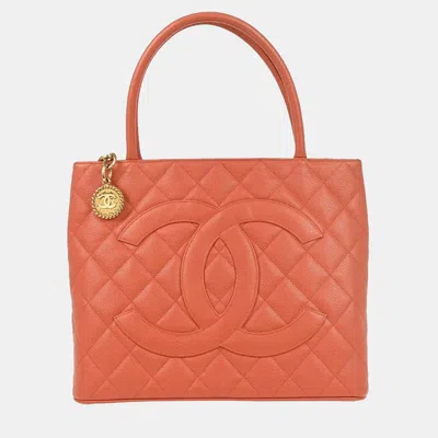 Pre-owned Chanel Salmon Pink Calfskin Medallion Tote Handbag