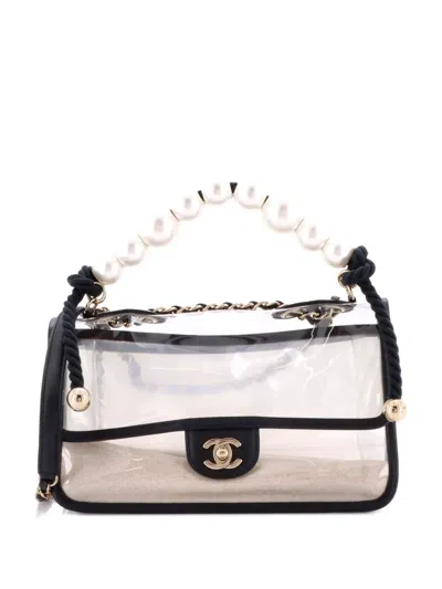 Pre-owned Chanel Sand By The Sea Pearl Flap Bag Pvc With Lambskin Medium Shoulder Bag In Black