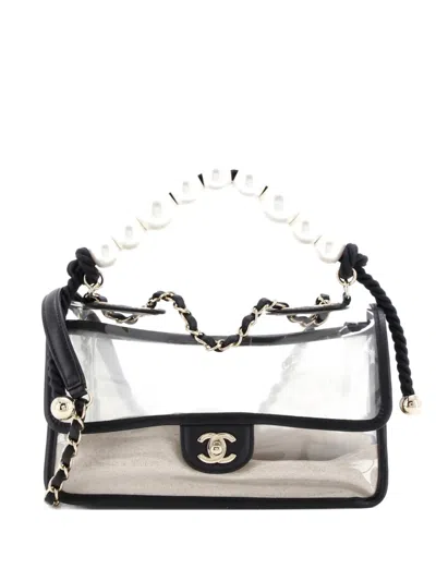 Pre-owned Chanel Sand By The Sea Pearl Flap Bag Pvc With Lambskin Medium Shoulder Bag In Black