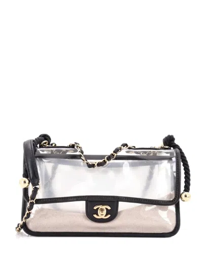 Pre-owned Chanel Sand By The Sea Pearl Flap Bag Pvc With Lambskin Medium Shoulder Bag In Black