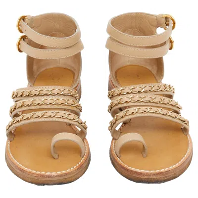 Pre-owned Chanel Sandales Fr36.5 Beige Leather Chains Classic Sandals Flats Uk4 Us6 Box In Brown