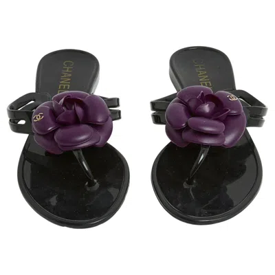 Pre-owned Chanel Sandales Mules Tongs Camelia Black Purple Flats Flip Flops Uk3.5 Us6
