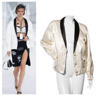 Pre-owned Chanel Satin Bomber Jacket Spring/summer 2021 Ecru With Black Collar Fr 34 Nwt