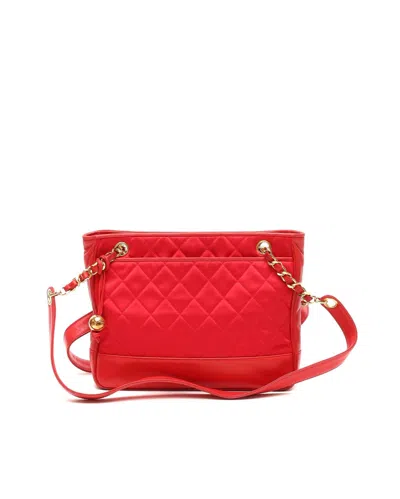 Pre-owned Chanel Satin Coco Ball Chain Tote Bag In Red