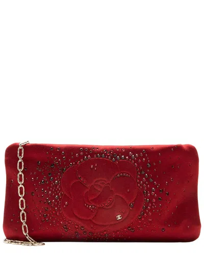 Pre-owned Chanel Satin Crystal Embellished Camellia Clutch On Chain (authentic Pre-  Loved)