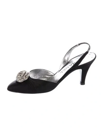 Pre-owned Chanel Satin Floral Print Slingback Pumps In Black