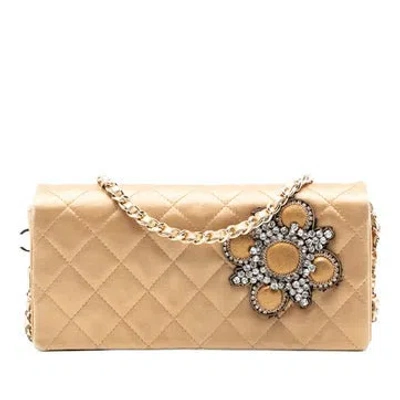 Pre-owned Chanel Satin Quilted Satin Crystal Chain Clutch In Gold
