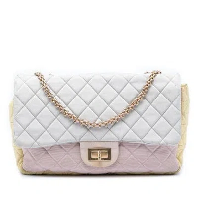 Pre-owned Chanel Satin Tricolor Quilted Grosgrain Satin Reissue 2.55 Single Flap In Blue