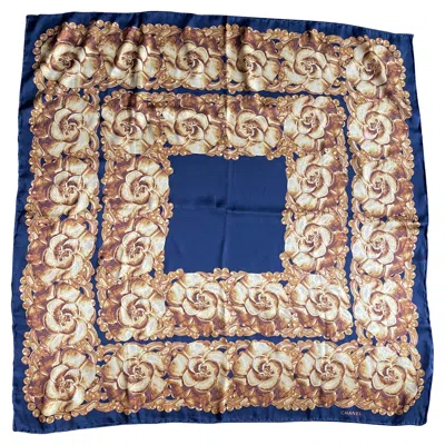 Pre-owned Chanel Scarf Authentic Vintage Black Gold Camellias