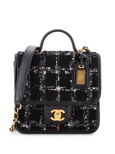 Pre-owned Chanel School Memory Top Handle Flap Bag Quilted Tweed Mini Shoulder Bag In Black