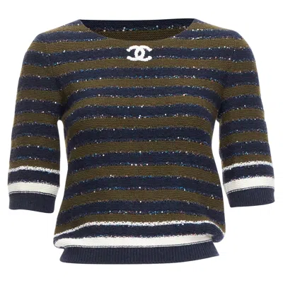 Pre-owned Chanel Sequin Cashmere Blend Cc Logo Stripe Crop Sweater In Blue