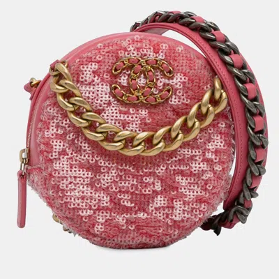 Pre-owned Chanel Sequin Lambskin 19 Round Clutch With Chain Bag In Pink