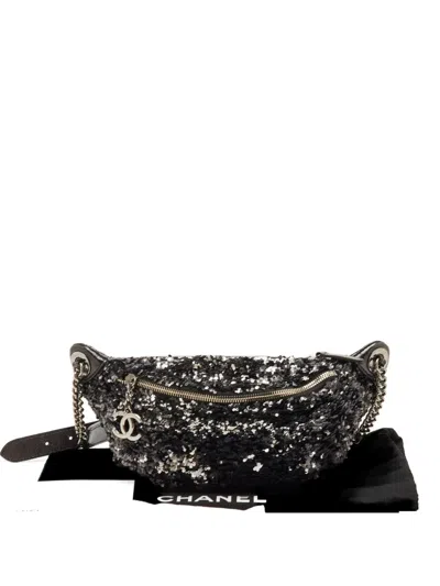 Pre-owned Chanel Sequin-embellished Quilted Belt Bag In Black