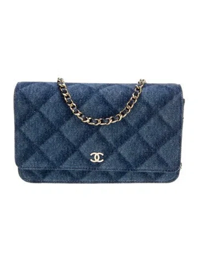 Pre-owned Chanel Shadow Denim Wallet On Chain In Blue
