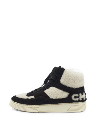 Pre-owned Chanel Shearling High-top Sneakers In Black