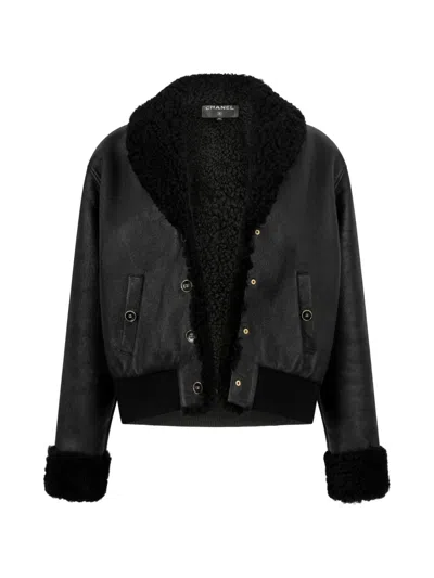 Pre-owned Chanel Shearling-trim Bomber Jacket In Black