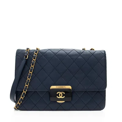 Pre-owned Chanel Sheepskin Beauty Lock Medium Flap Bag In Blue