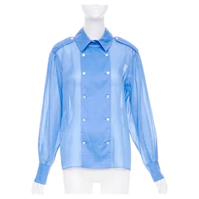Pre-owned Chanel Sheer Panel Blue Cotton Double Breasted Epaulet Button Blouse Shirt Fr38
