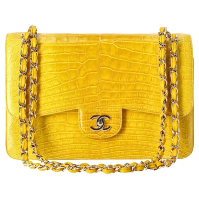 Pre-owned Chanel Shiny Alligator Skin Jumbo Double Flap Hand Bag In Yellow