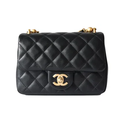 Pre-owned Chanel Shiny Lambskin Quilted Pearl Twist Square Flap Bag Gold Hardware Black