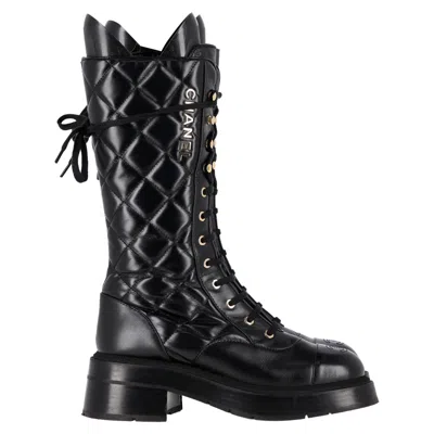 Pre-owned Chanel Shiny Quilted Chain Lace Up Combat Long Boots In Black Calfskin Leather