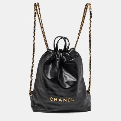 Pre-owned Chanel Shiny Quilted Leather 22 Backpack In Black