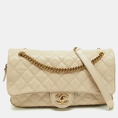 Pre-owned Chanel Shiva Large Beige Quilted Caviar Aged Leather Flap Bag In Sand