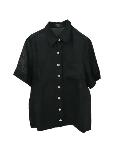 Pre-owned Chanel Short Sleeve Sheer Blouse Shirt Linen Black