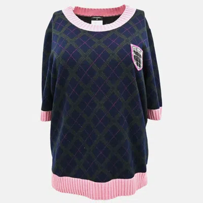 Pre-owned Chanel Short Sleeve Sweater Navy Knit Top Size 46 In Blue
