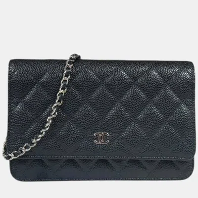 Pre-owned Chanel Shoulder Bag Caviar Skin Black Chain Wallet