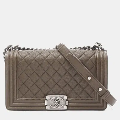 Pre-owned Chanel Shoulder Bag Caviar Skin Grained Calf Khaki In Brown