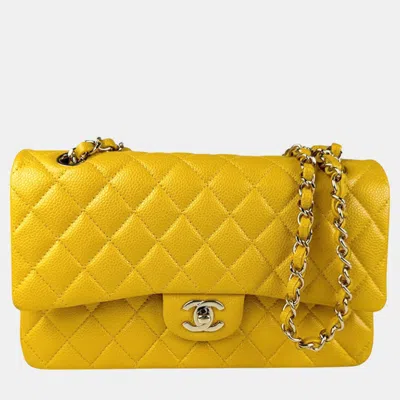 Pre-owned Chanel Shoulder Bag Double Flap Matelasse Caviar Skin Leather Yellow Gold