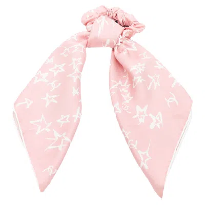 Pre-owned Chanel Silk Cc Star Print Hair Ribbon Scrunchie In Pink