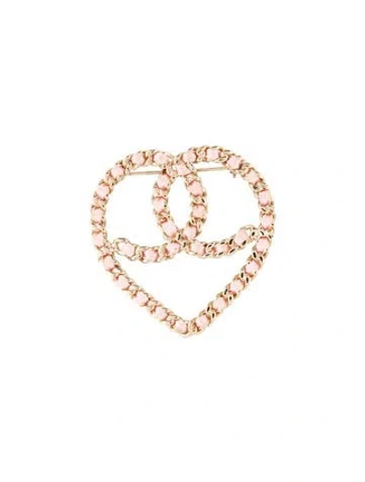 Pre-owned Chanel Silk Chain Woven Cc Heart Brooch In Pink
