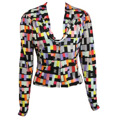 Pre-owned Chanel Silk Colour Blocking Cropped Zipper Blouse In Brown