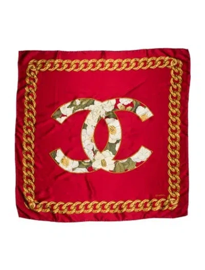 Pre-owned Chanel Silk Interlocking Cc Logo Scarf In Red