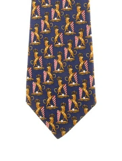 Pre-owned Chanel Silk Lion Printed Tie In Blue