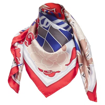 Pre-owned Chanel Silk Lion Statue Palm Trees Big Square Scarf In Red