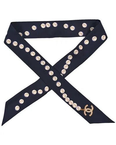 Pre-owned Chanel Silk Pearl Cc Slim Bandeau Scarf (authentic Pre-loved)