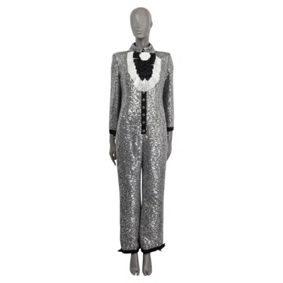 Pre-owned Chanel Silver 2020 20a Rue Cambone Sequin Jumpsuit + Ruffled Bib 38 S