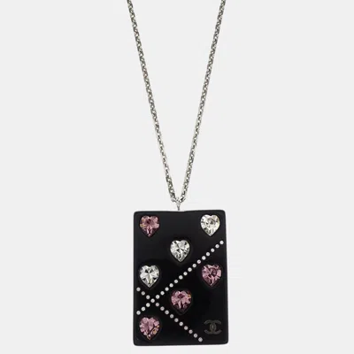 Pre-owned Chanel Silver Acrylic Rectangle Pendant Necklace Rhinestone