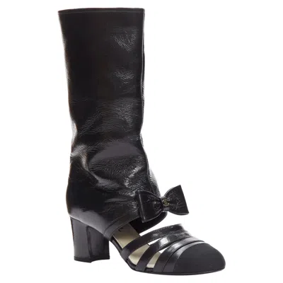Pre-owned Chanel Silver Cc Bow Leather Cut Out Boots