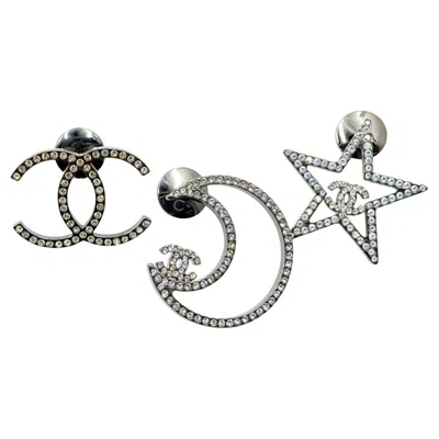 Pre-owned Chanel Silver Cc Star Moon Crystal 3 Pins Brooch In Multi