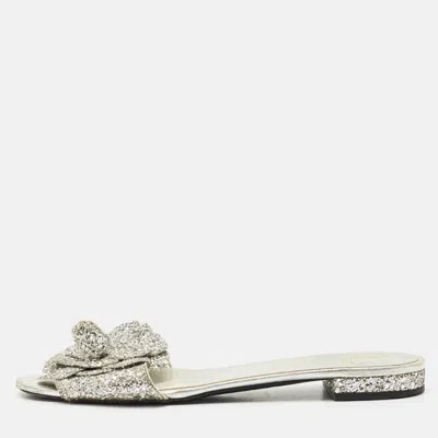 Pre-owned Chanel Silver Glitter And Leather Camellia Flat Slide Sandals Size 39.5
