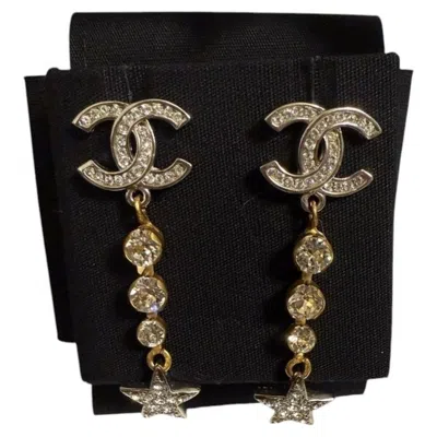 Pre-owned Chanel Silver Gold Crystal Cc Star Dangle Earrings In Multiple